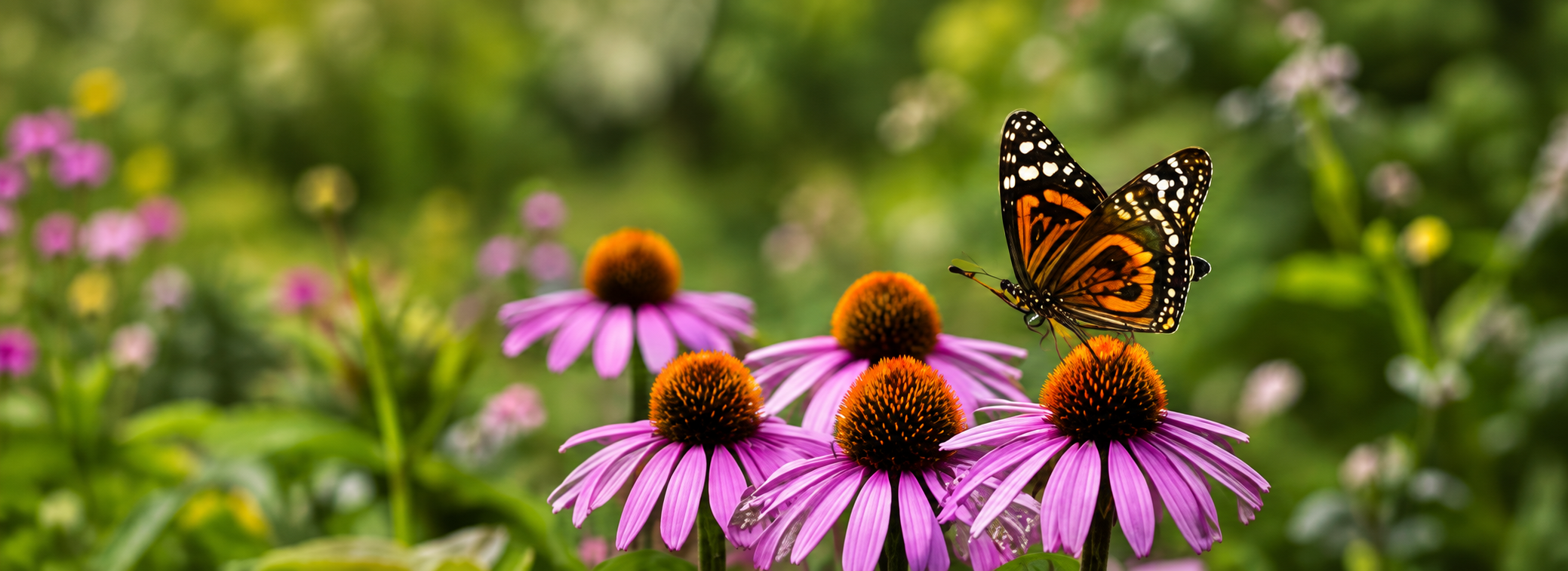 A monarch butterfly on purple coneflowers