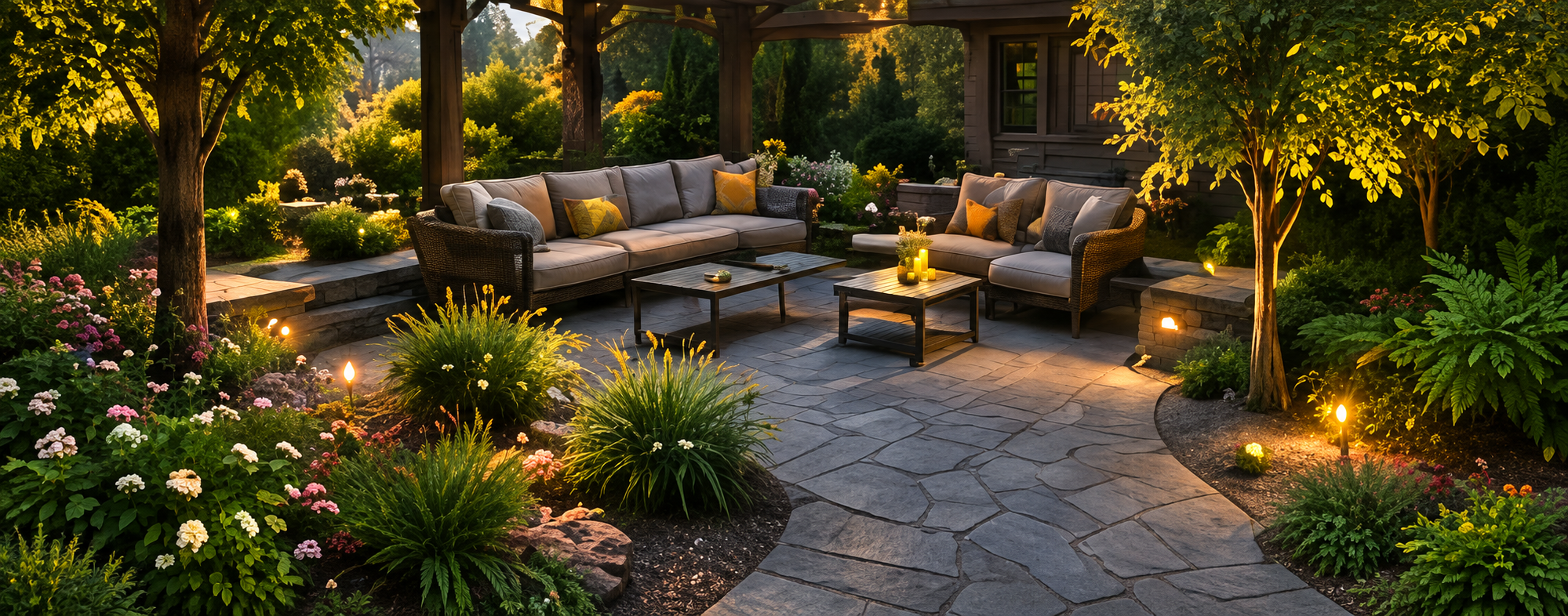 An inviting garden patio with outdoor seating